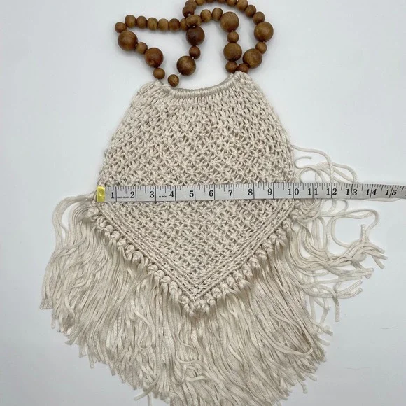 Boho Macrame Fringe Bag Wood Bead Handle Cream White Textured Woven Festival bag - Picture 6 of 6